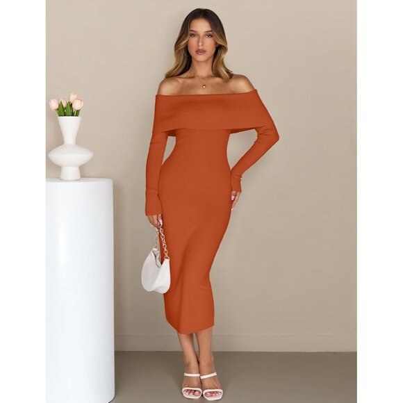 Merokeety Women's Darkgreen Off Shoulder Long Sleeve Elegant Bodycon Midi Dress - Picture 2 of 9